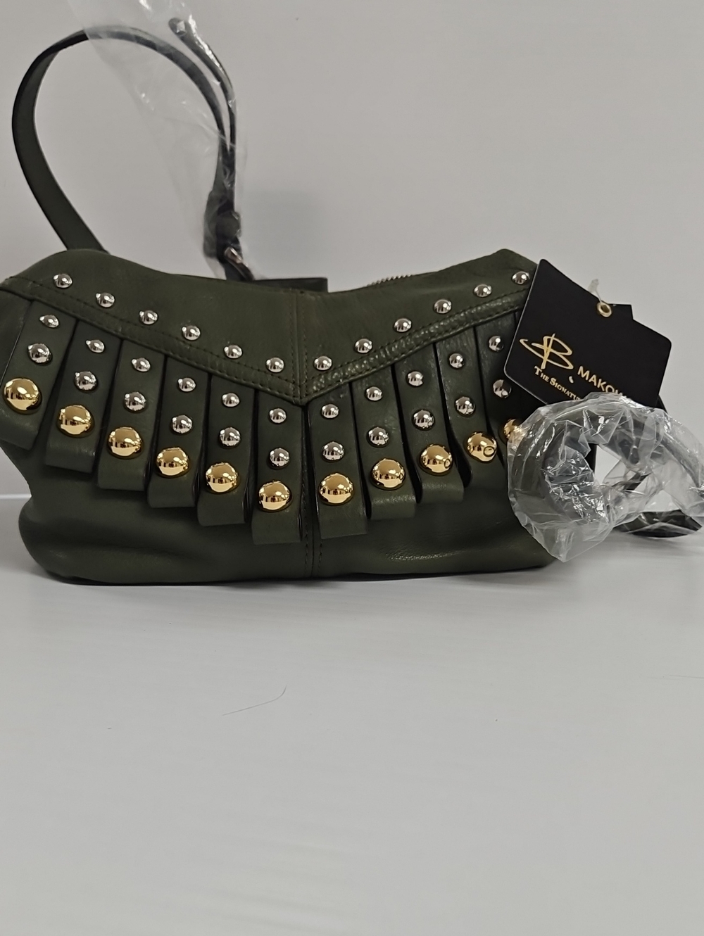 B. Makowsky Olive Green Fringe Cross Body/Shoulder Bag with Gold & Silver Studs